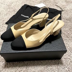 Authentic Chanel two-tone cap toe sling back heels